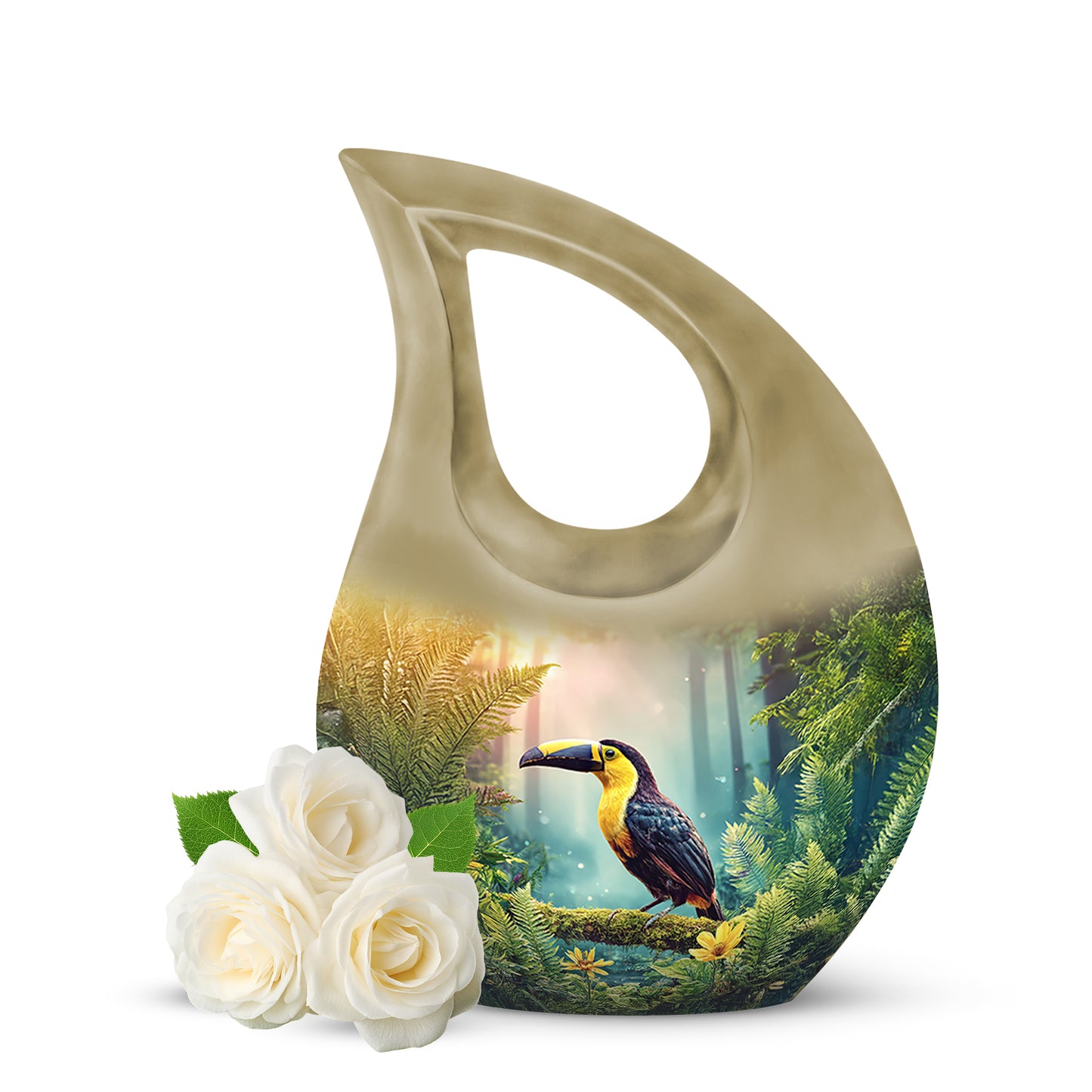 Gold Venerable Hornbill Cremation Urns for Human Ashes - 10-inch, 200 cu in - Yatskia