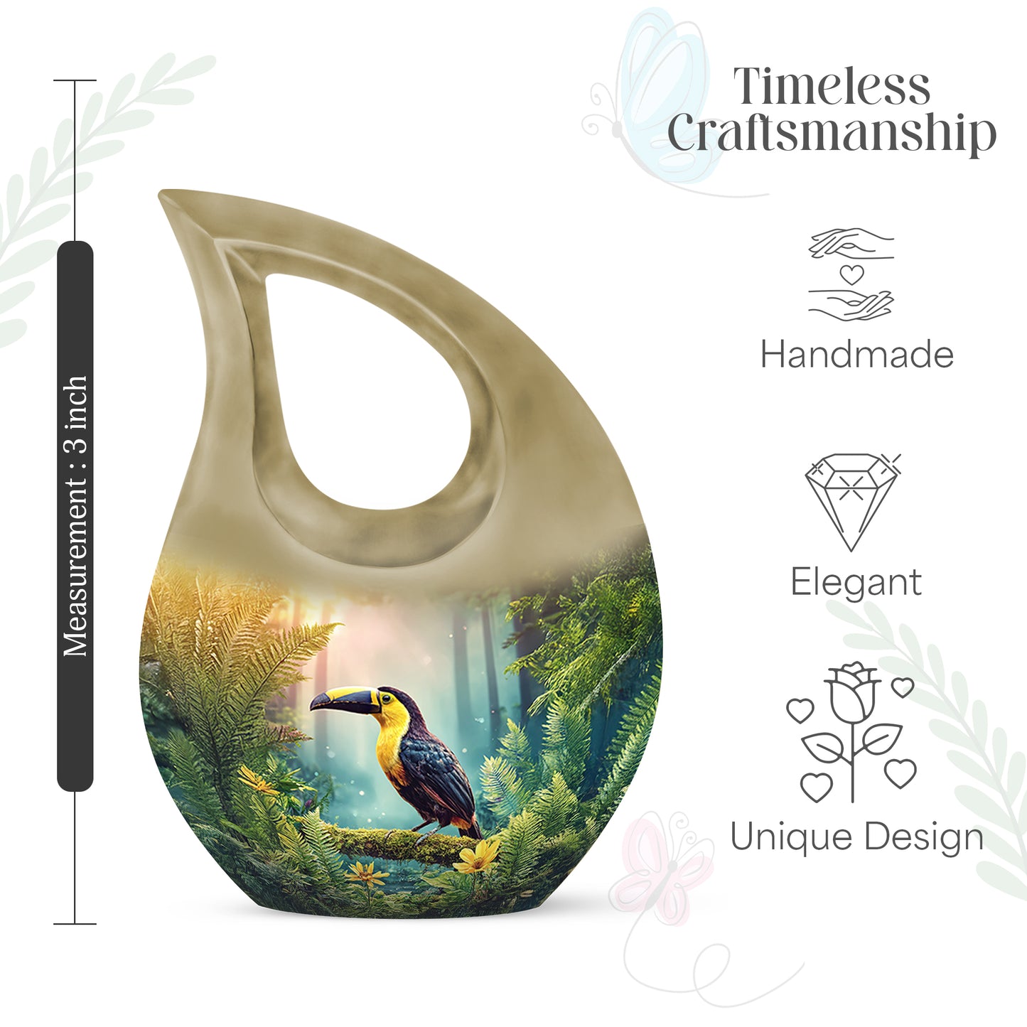 Burnished Gold Hornbill Cremation Urn back view with polished surface - faith-inspired cross-drop urn with hornbill pattern - mini keepsake memorial for portion of cremation ashes