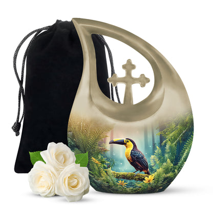 Gilded Gold Hornbill Cremation Urn top-down view of secure threaded lid - sacred cross merged with hornbill motif on metal - full-size 10 inch 200 cubic inch adult cremation urn