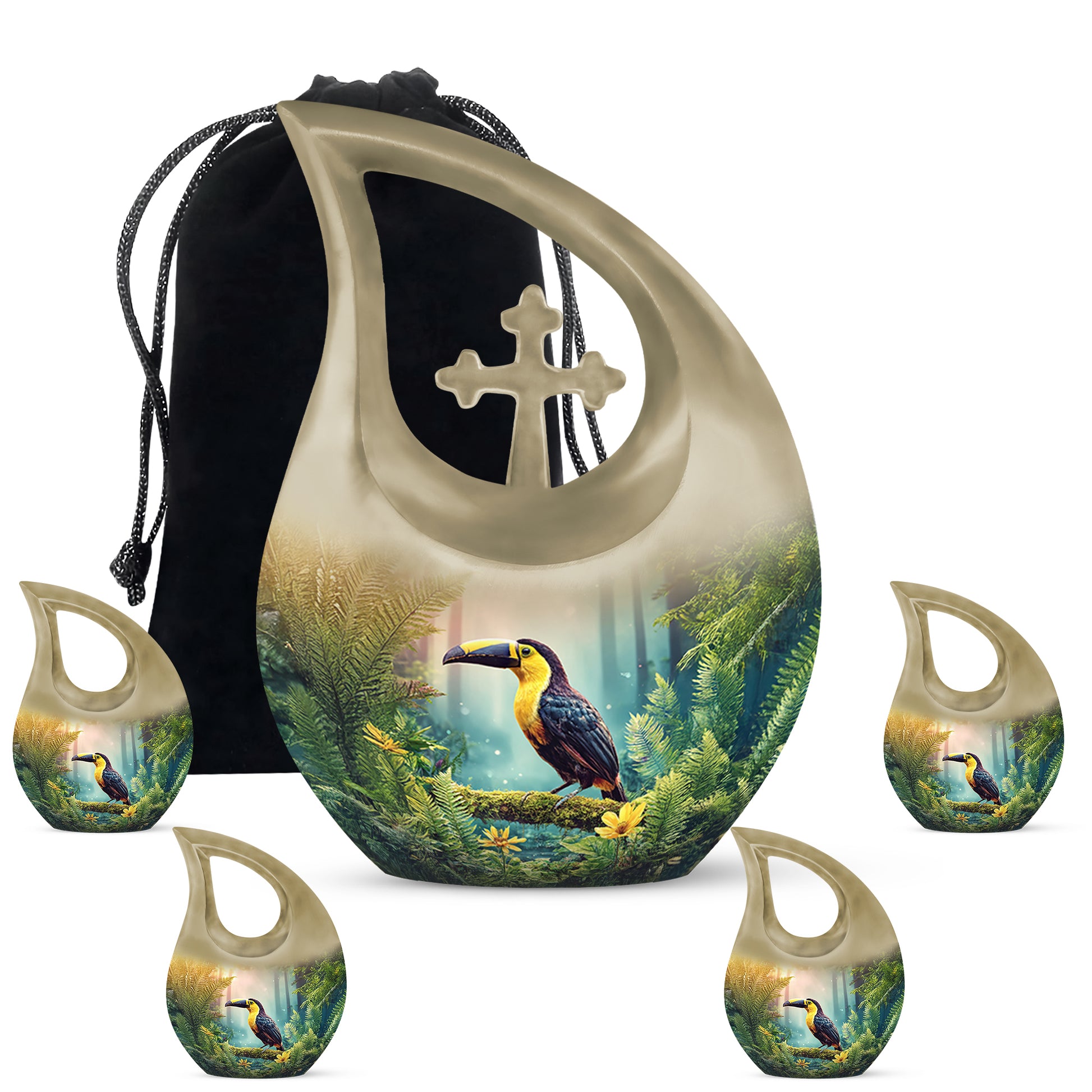 Gilded Gold Hornbill Cremation Urn urn with complimentary velvet bag - cross and hornbill combined in spiritual memorial design - memorial set with one large and four small urns
