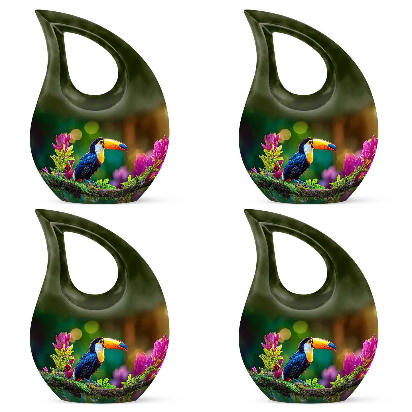 Buttercup Yellow Hornbill Cremation Urn lifestyle display on memorial shelf - cross and hornbill combined in spiritual memorial design - 10 inch aluminum urn for cremated remains