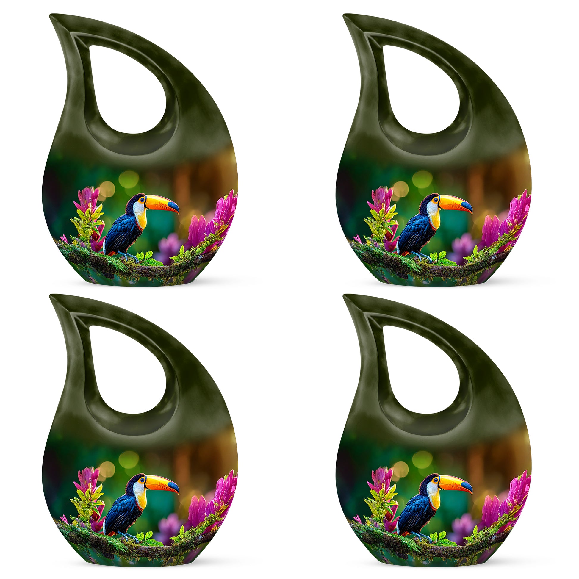 Buttercup Yellow Hornbill Cremation Urn lifestyle display on memorial shelf - cross and hornbill combined in spiritual memorial design - 10 inch aluminum urn for cremated remains
