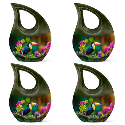 Buttercup Yellow Hornbill Cremation Urn lifestyle display on memorial shelf - cross and hornbill combined in spiritual memorial design - 10 inch aluminum urn for cremated remains