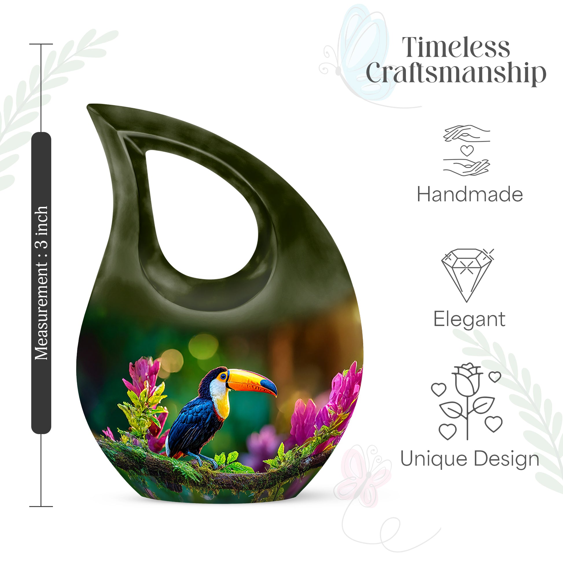 Sunshine Yellow Hornbill Cremation Urn back view with polished surface - devotional cross-drop hornbill engraving - mini keepsake memorial for portion of cremation ashes