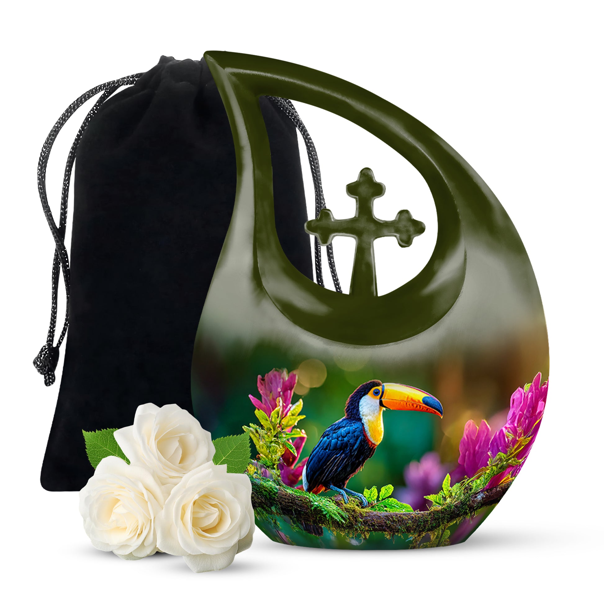Soft Yellow Hornbill Cremation Urn top-down view of secure threaded lid - devotional cross-drop hornbill engraving - full-size 10 inch 200 cubic inch adult cremation urn