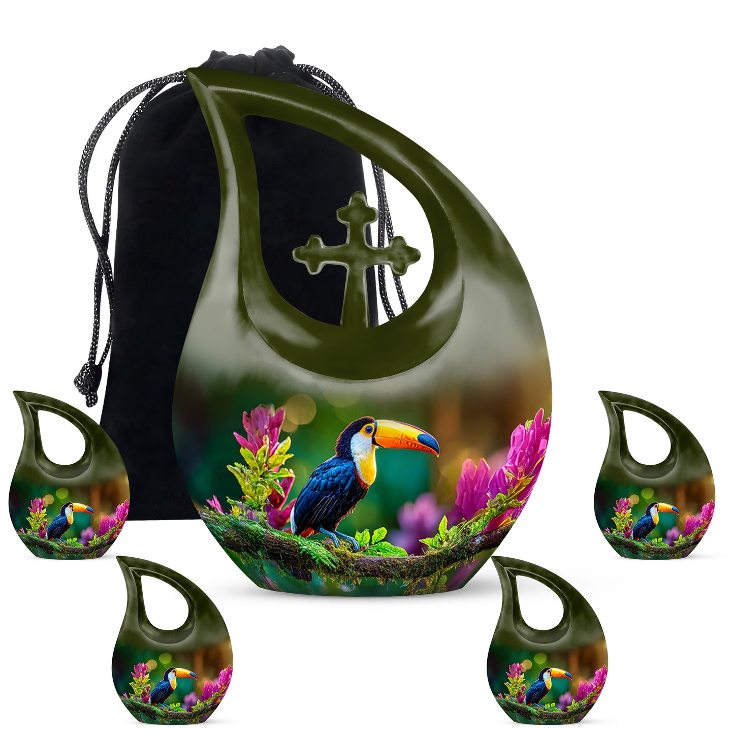 Soft Yellow Hornbill Cremation Urn urn with complimentary velvet bag - devotional cross-drop hornbill engraving - memorial set with one large and four small urns