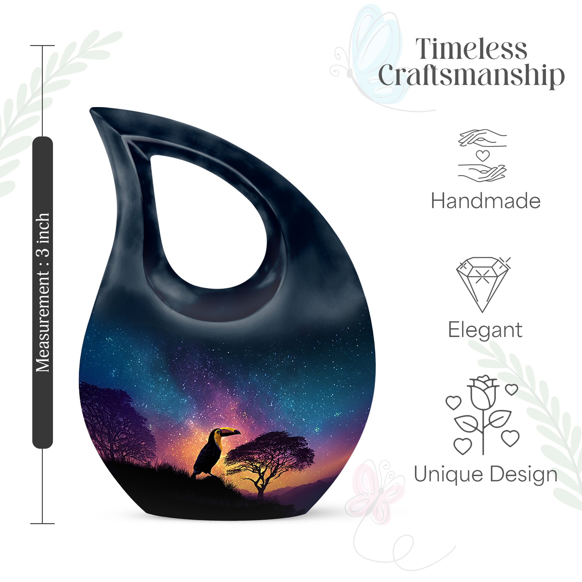 Sapphire Blue Hornbill Cremation Urn back view with polished surface - faith-inspired cross-drop urn with hornbill pattern - mini keepsake memorial for portion of cremation ashes