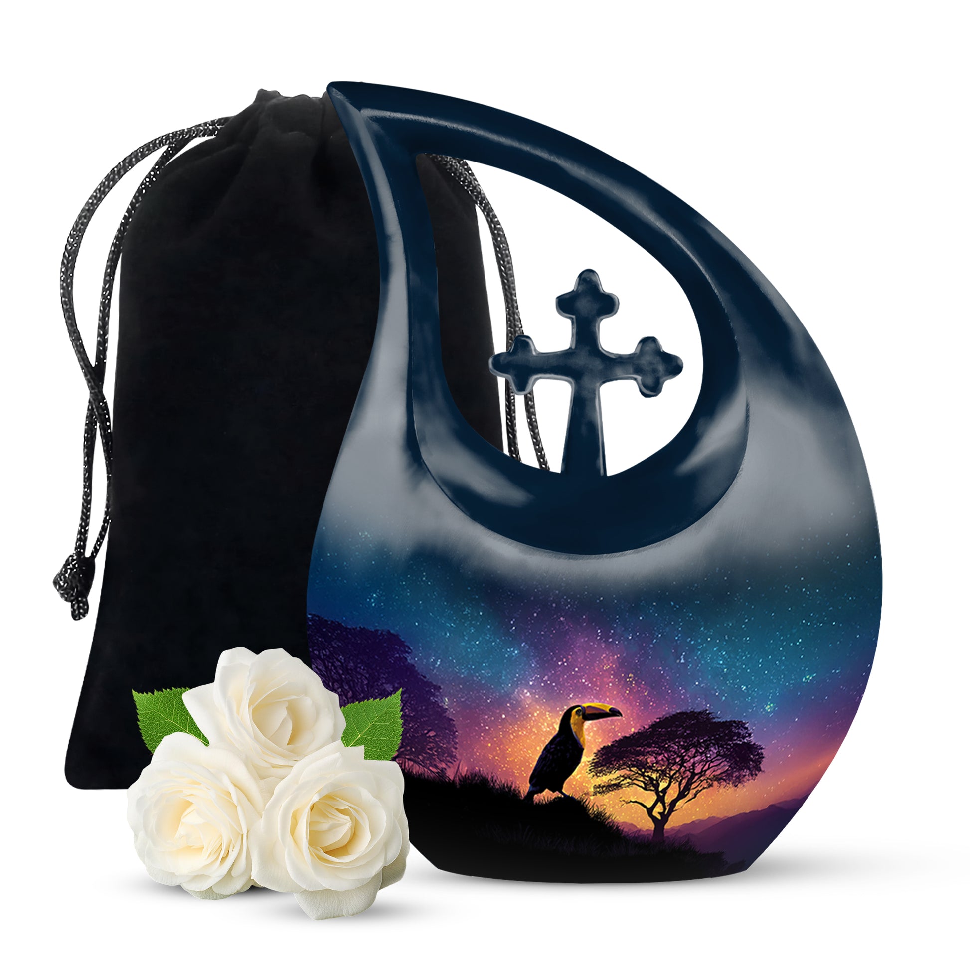 Cornflower Blue Hornbill Cremation Urn top-down view of secure threaded lid - devotional cross-drop hornbill engraving - full-size 10 inch 200 cubic inch adult cremation urn