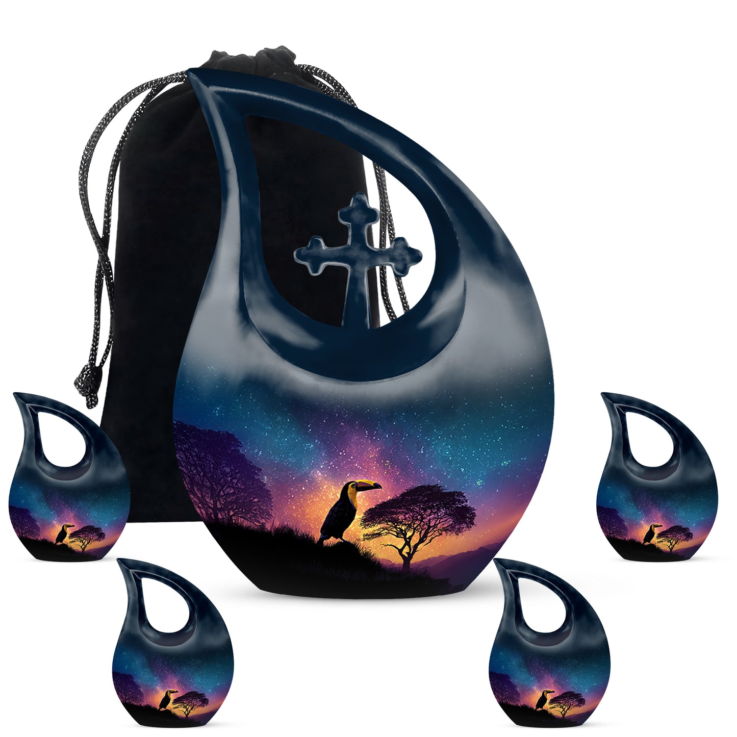 Cobalt Blue Hornbill Cremation Urn urn with complimentary velvet bag - faith-inspired cross-drop urn with hornbill pattern - memorial set with one large and four small urns