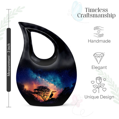 Soft Blue Hornbill Cremation Urn back view with polished surface - faith-inspired cross-drop urn with hornbill pattern - mini keepsake memorial for portion of cremation ashes