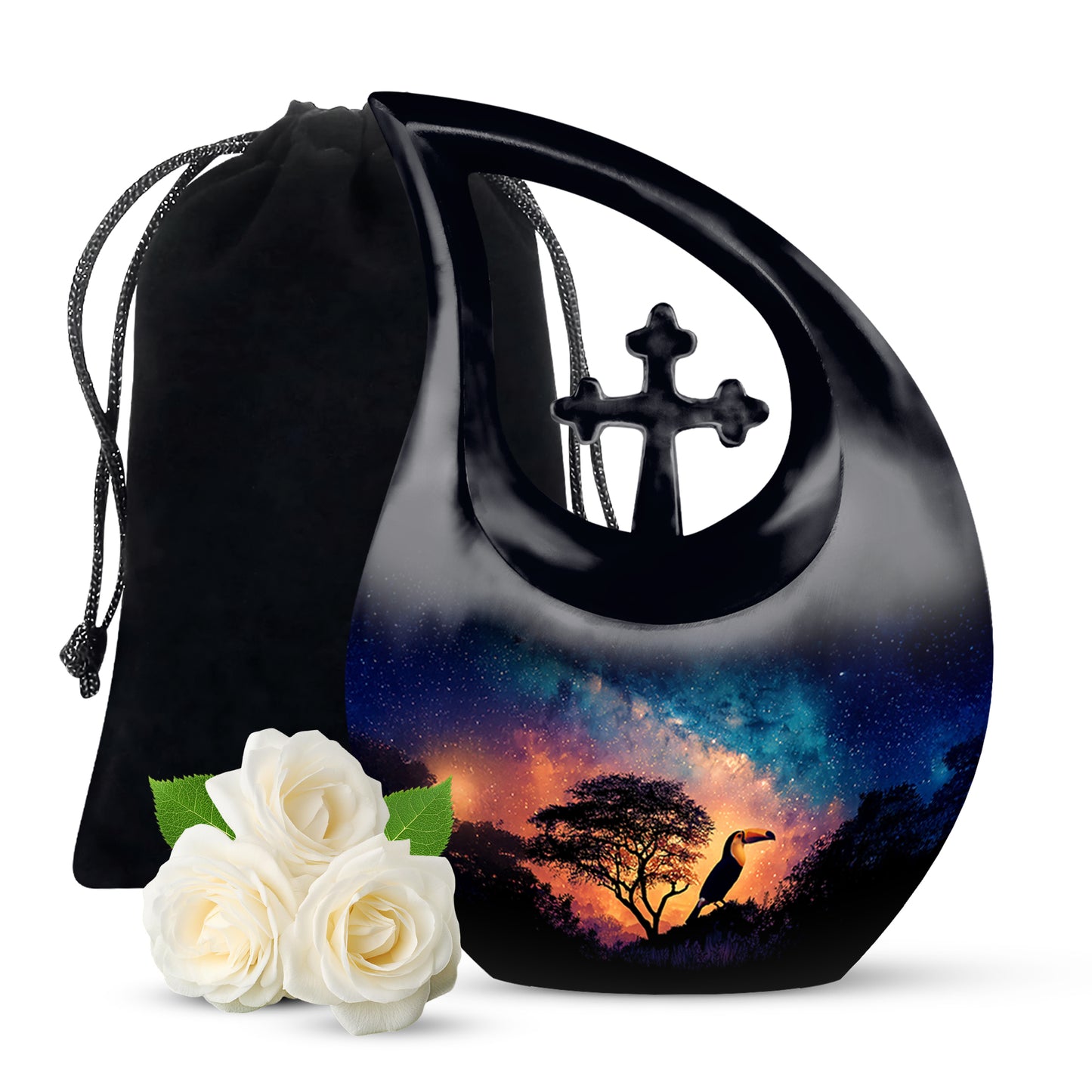 Navy Blue Hornbill Cremation Urn top-down view of secure threaded lid - cross and hornbill combined in spiritual memorial design - full-size 10 inch 200 cubic inch adult cremation urn