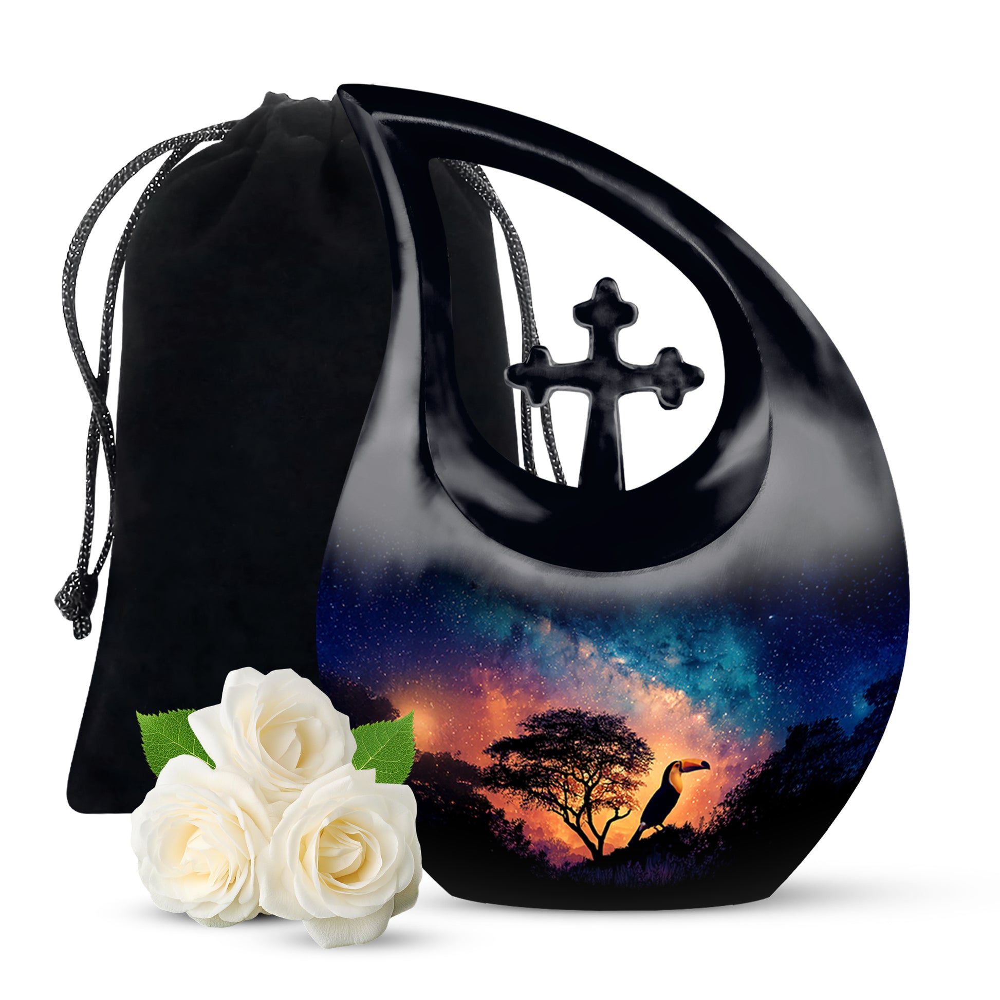 Navy Blue Hornbill Cremation Urn top-down view of secure threaded lid - cross and hornbill combined in spiritual memorial design - full-size 10 inch 200 cubic inch adult cremation urn
