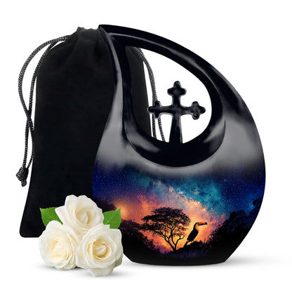 Navy Blue Hornbill Cremation Urn top-down view of secure threaded lid - cross and hornbill combined in spiritual memorial design - full-size 10 inch 200 cubic inch adult cremation urn