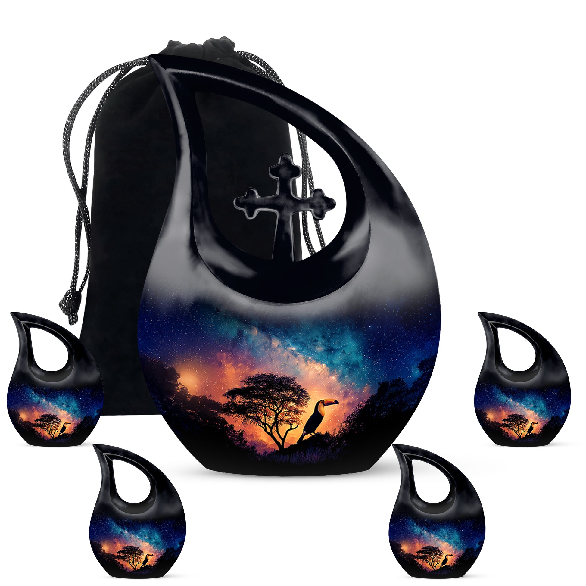 Powder Blue Hornbill Cremation Urn urn with complimentary velvet bag - sacred cross merged with hornbill motif on metal - memorial set with one large and four small urns