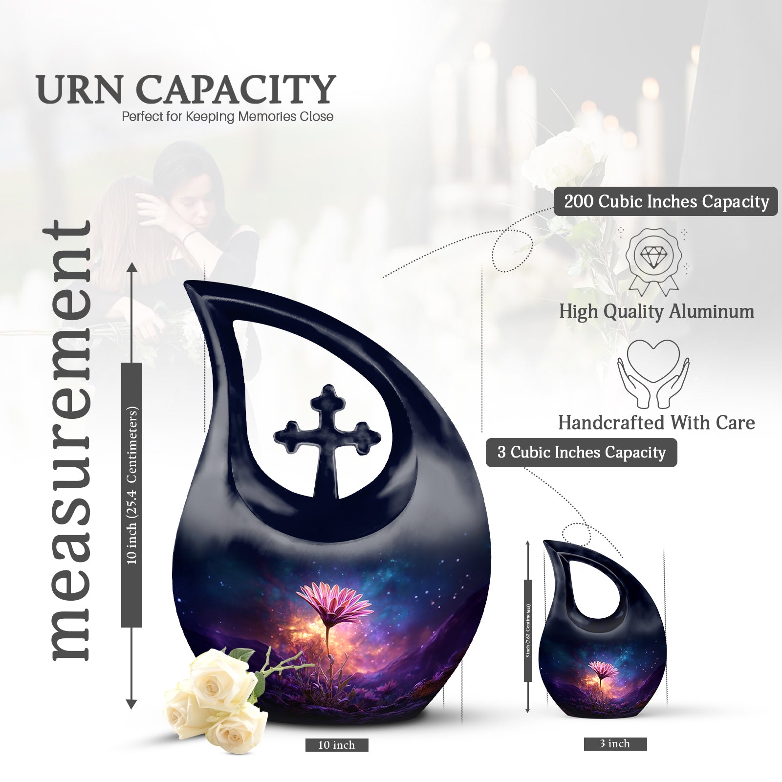 Cobalt Blue Daisy Cremation Urn back view with polished surface - faith-inspired cross-drop urn with daisy pattern - mini keepsake memorial for portion of cremation ashes