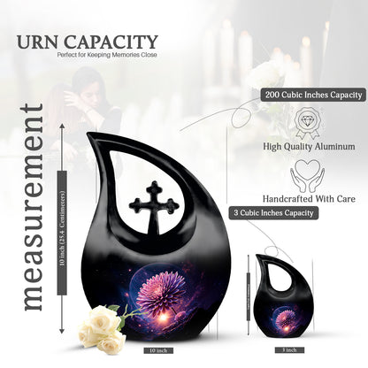 Jet Black Daisy Cremation Urn back view with polished surface - sacred cross merged with daisy motif on metal - mini keepsake memorial for portion of cremation ashes