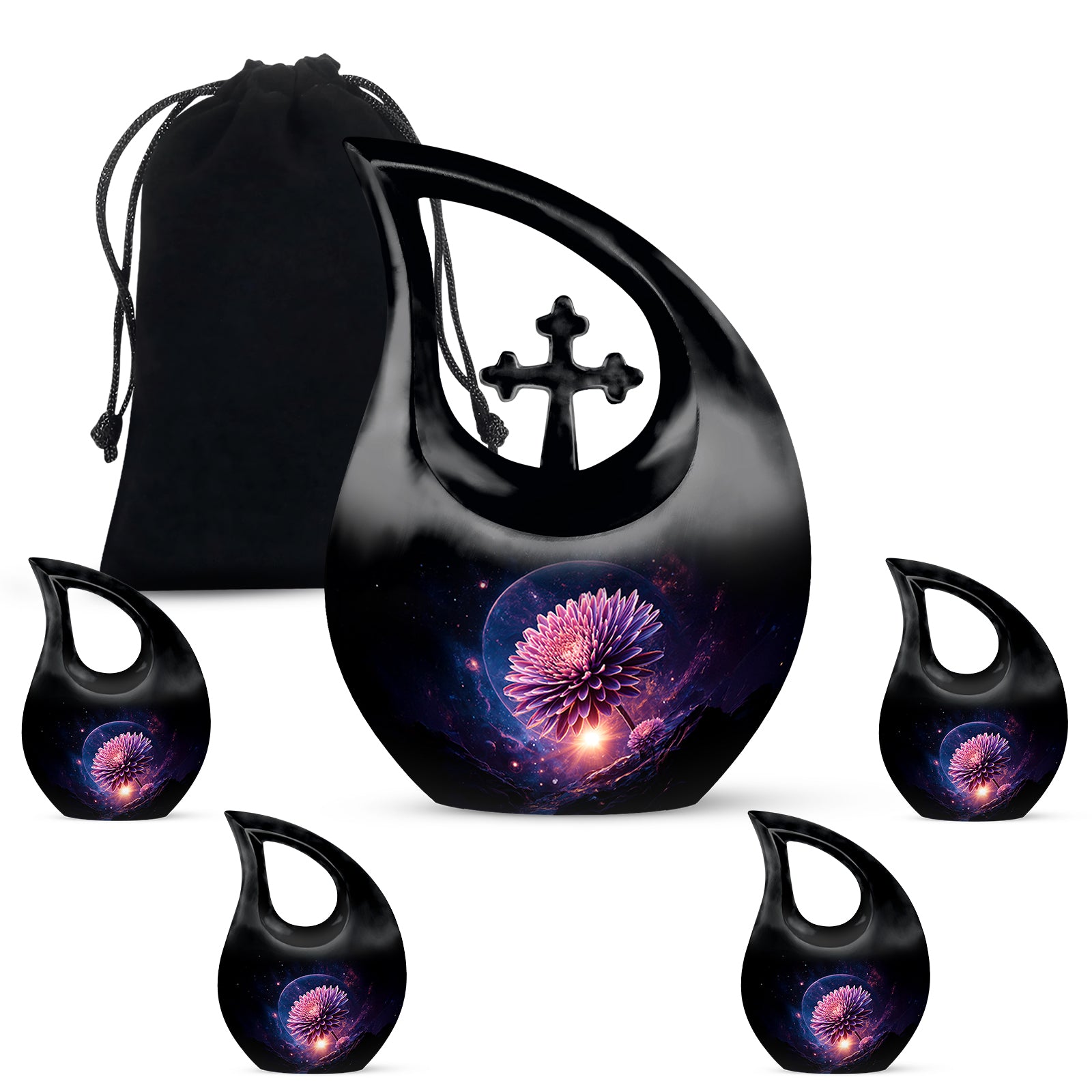 Rich Black Daisy Cremation Urn urn with complimentary velvet bag - cross and daisy combined in spiritual memorial design - memorial set with one large and four small urns