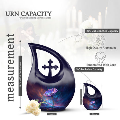 Cornflower Blue Daisy Cremation Urn back view with polished surface - devotional cross-drop daisy engraving - mini keepsake memorial for portion of cremation ashes