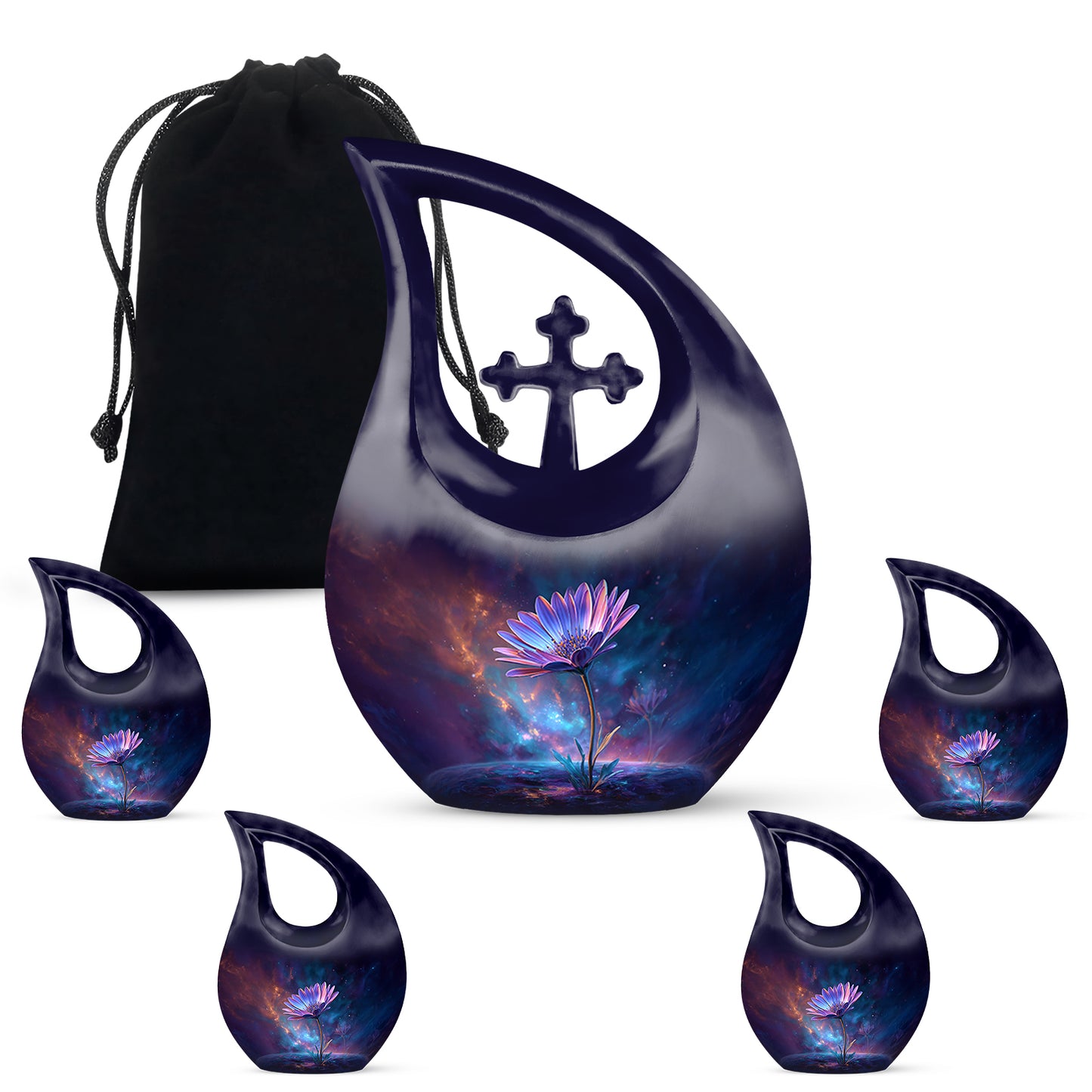 Indigo Daisy Cremation Urn urn with complimentary velvet bag - sacred cross merged with daisy motif on metal - memorial set with one large and four small urns