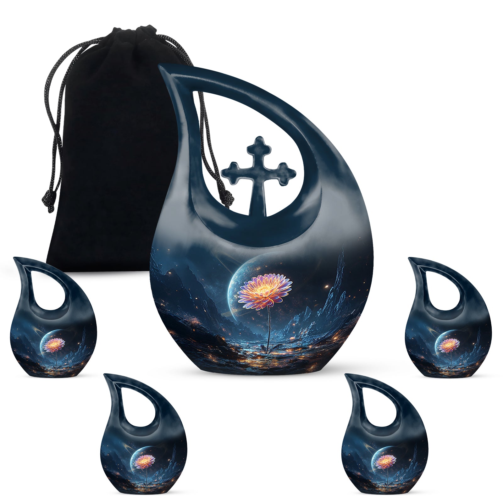 Sapphire Blue Daisy Cremation Urn urn with complimentary velvet bag - faith-inspired cross-drop urn with daisy pattern - memorial set with one large and four small urns