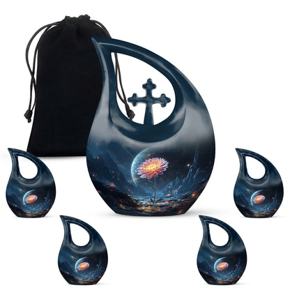 Sapphire Blue Daisy Cremation Urn urn with complimentary velvet bag - faith-inspired cross-drop urn with daisy pattern - memorial set with one large and four small urns