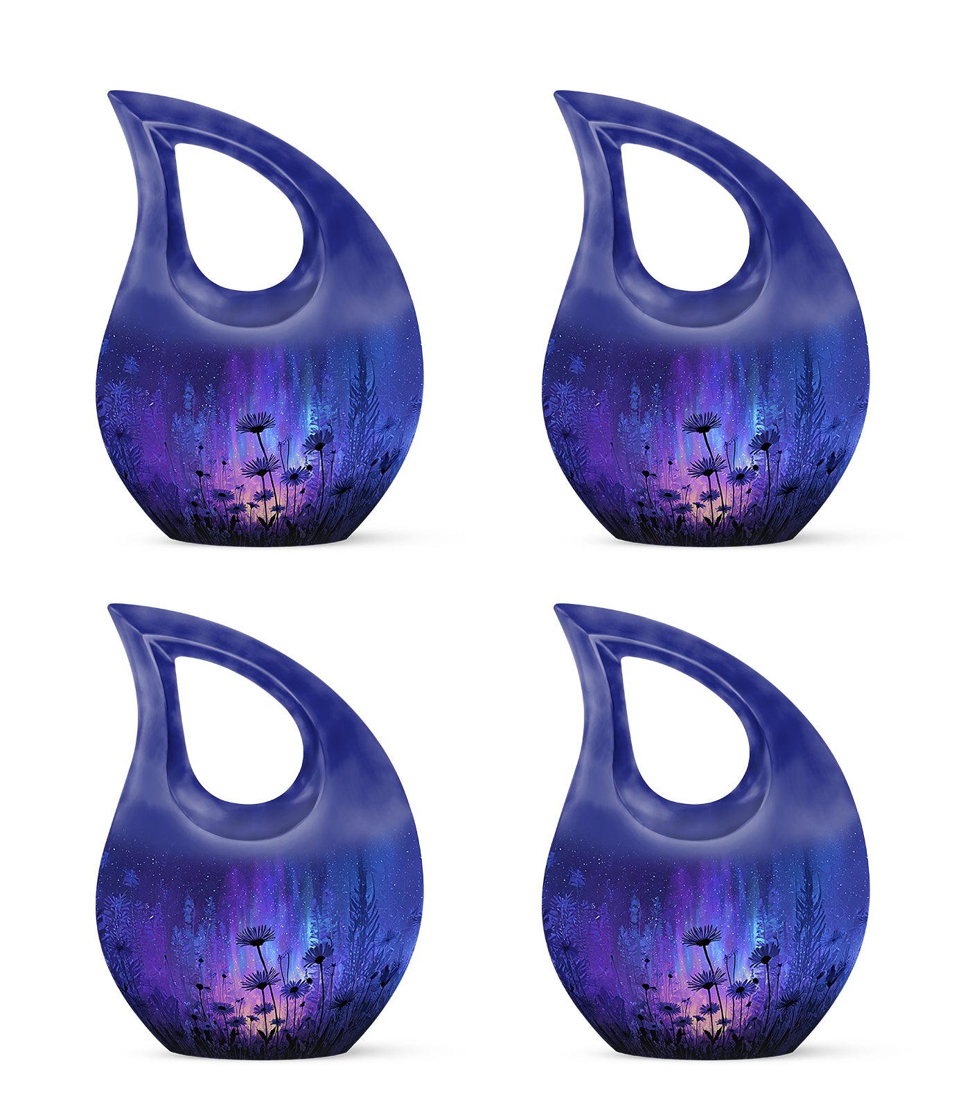 Indigo Daisy Cremation Urn lifestyle display on memorial shelf - sacred cross merged with daisy motif on metal - 10 inch aluminum urn for cremated remains