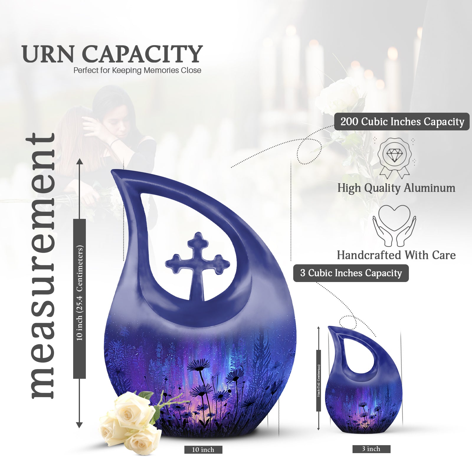 Soft Blue Daisy Cremation Urn back view with polished surface - faith-inspired cross-drop urn with daisy pattern - mini keepsake memorial for portion of cremation ashes