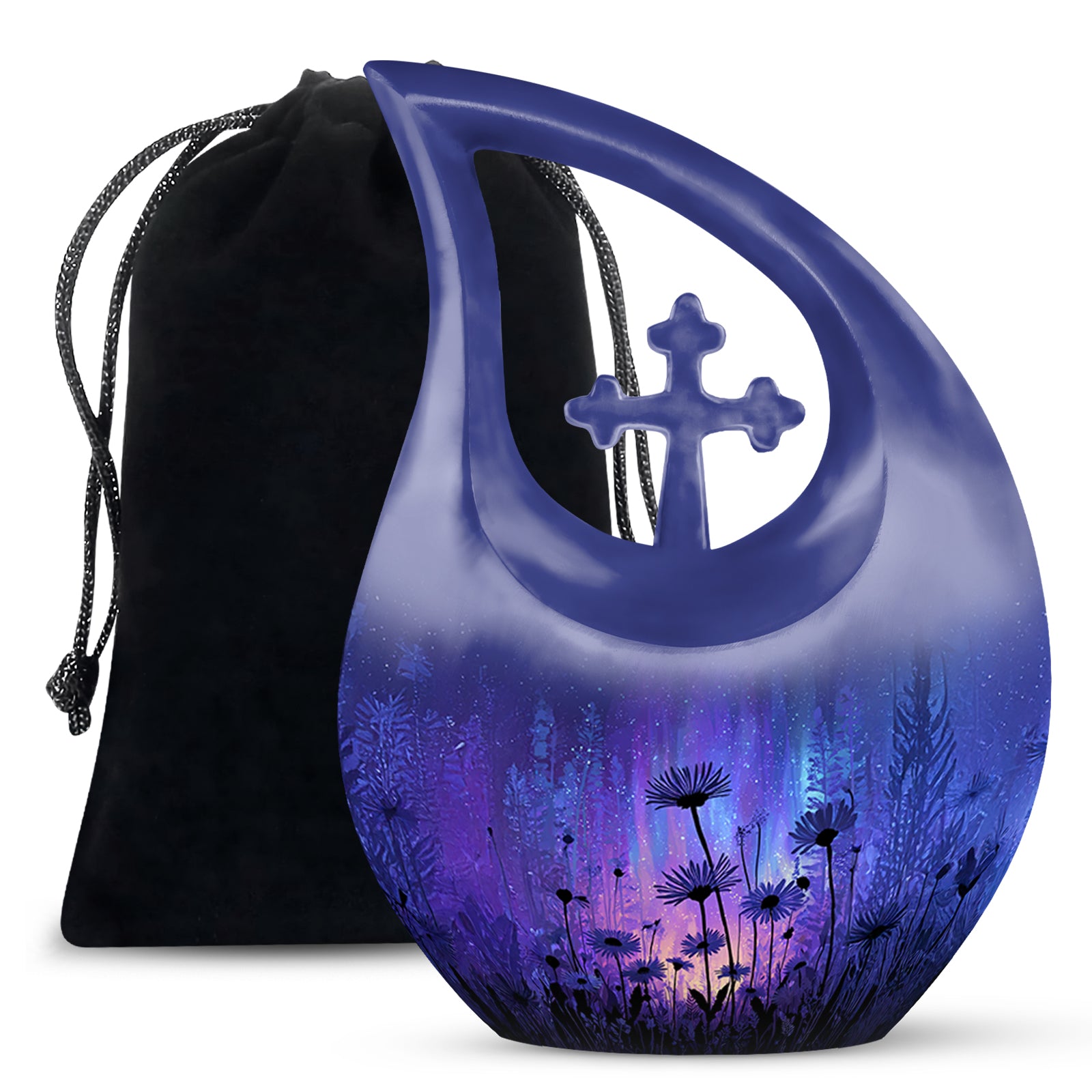 Bright Blue Daisy Cremation Urn top-down view of secure threaded lid - devotional cross-drop daisy engraving - full-size 10 inch 200 cubic inch adult cremation urn