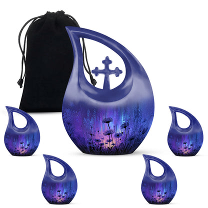 Calming Blue Daisy Cremation Urn urn with complimentary velvet bag - faith-inspired cross-drop urn with daisy pattern - memorial set with one large and four small urns