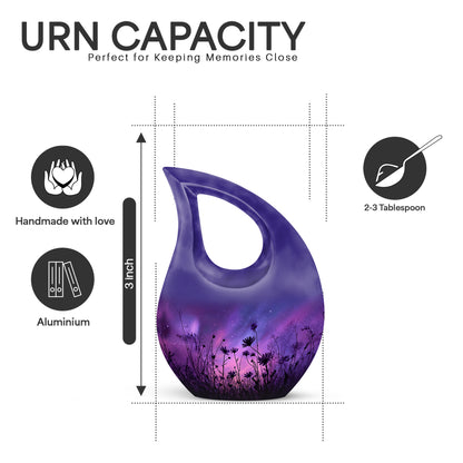 Azure Daisy Cremation Urn back view with polished surface - sacred cross merged with daisy motif on metal - mini keepsake memorial for portion of cremation ashes