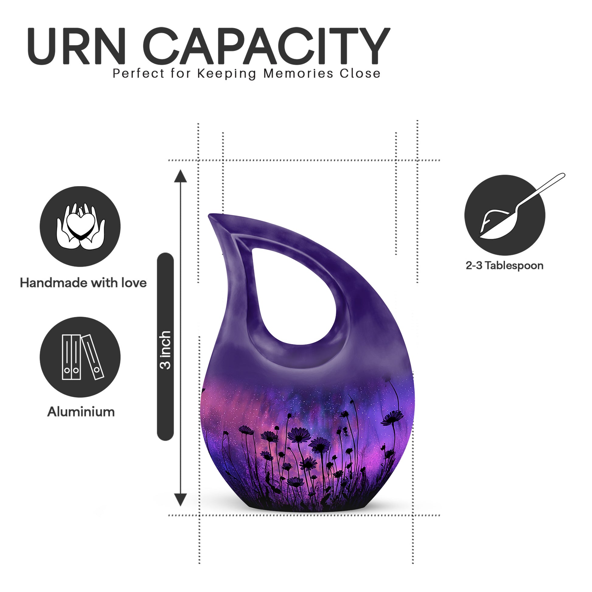 Steel Blue Daisy Cremation Urn back view with polished surface - devotional cross-drop daisy engraving - mini keepsake memorial for portion of cremation ashes