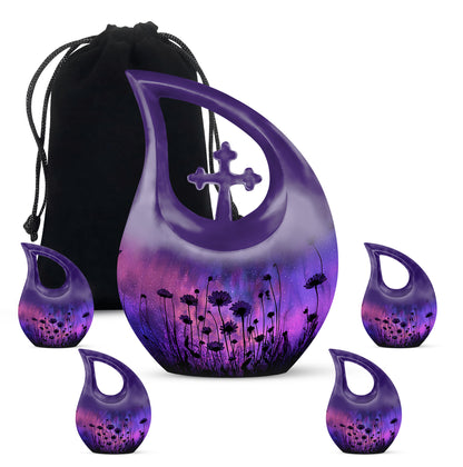 Twilight Blue Daisy Cremation Urn urn with complimentary velvet bag - devotional cross-drop daisy engraving - memorial set with one large and four small urns