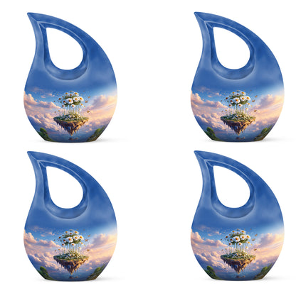 Sapphire Blue Daisy Cremation Urn lifestyle display on memorial shelf - faith-inspired cross-drop urn with daisy pattern - 10 inch aluminum urn for cremated remains