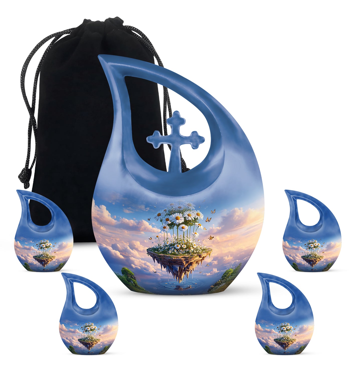 Pastel Blue Daisy Cremation Urn urn with complimentary velvet bag - sacred cross merged with daisy motif on metal - memorial set with one large and four small urns