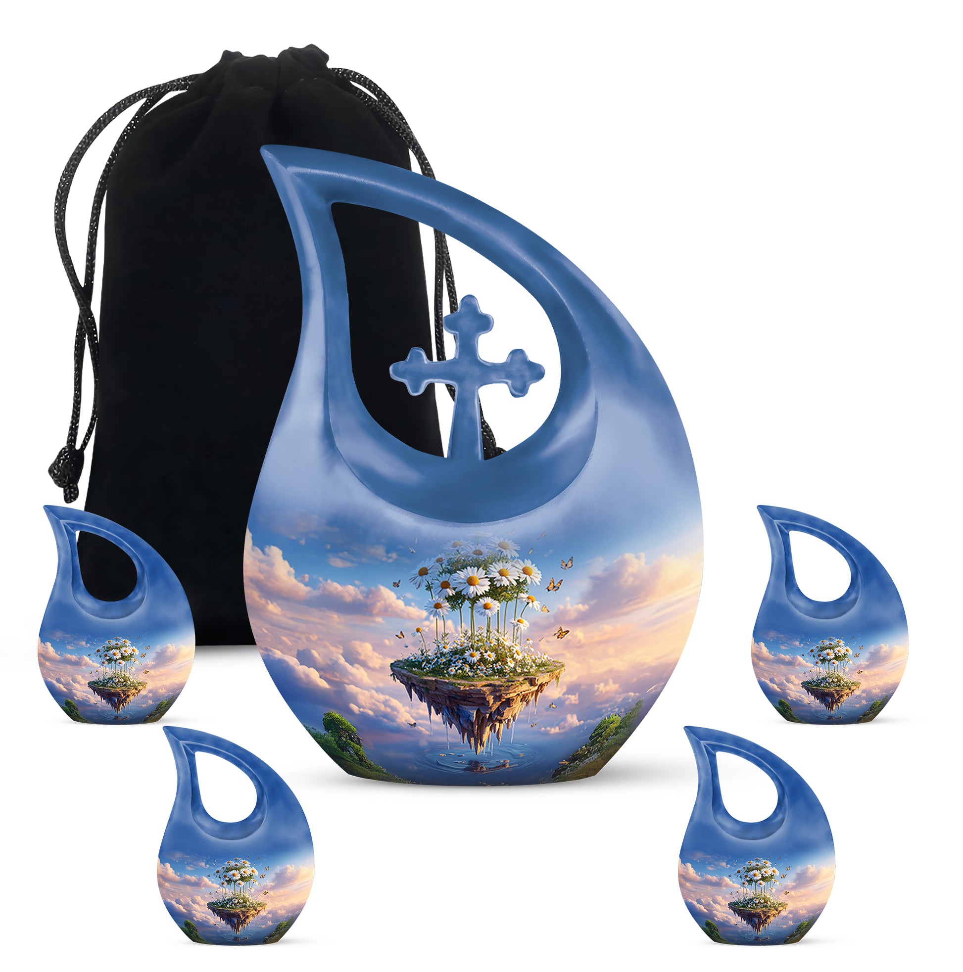 Pastel Blue Daisy Cremation Urn urn with complimentary velvet bag - sacred cross merged with daisy motif on metal - memorial set with one large and four small urns