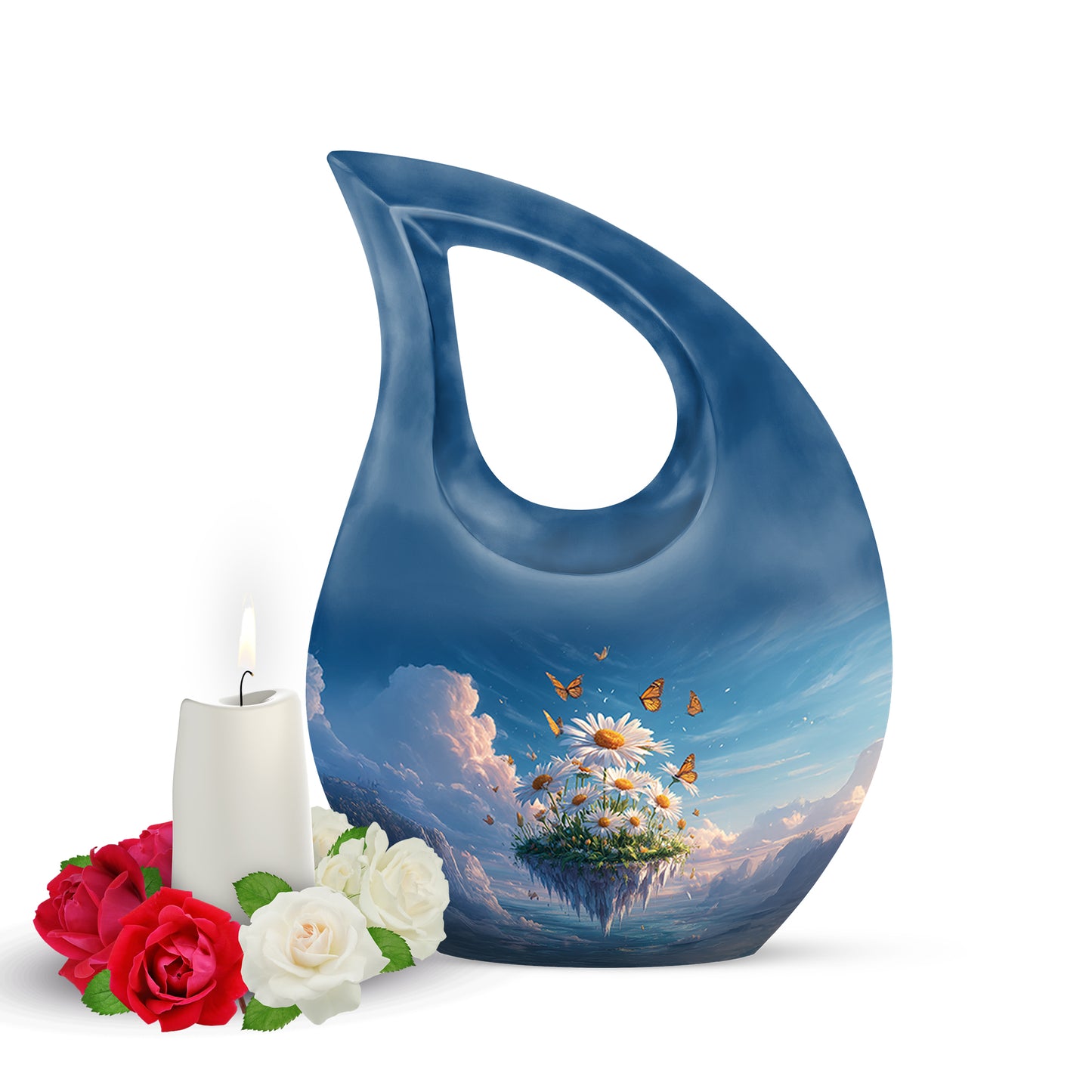 Illustrious Daisy Memorial Cremation Urns - Blue 10-inch, 200 cu in - Yatskia