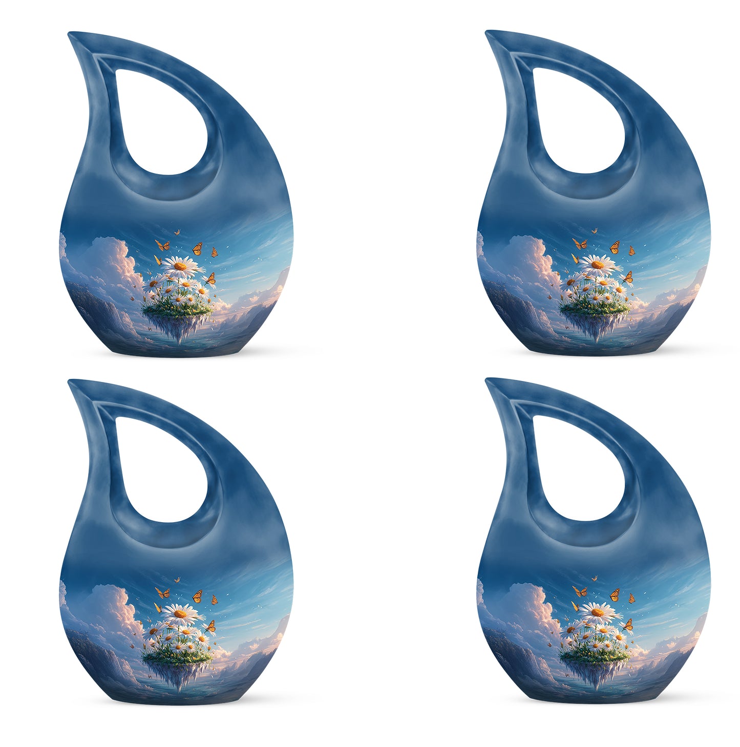 Navy Blue Daisy Cremation Urn lifestyle display on memorial shelf - cross and daisy combined in spiritual memorial design - 10 inch aluminum urn for cremated remains