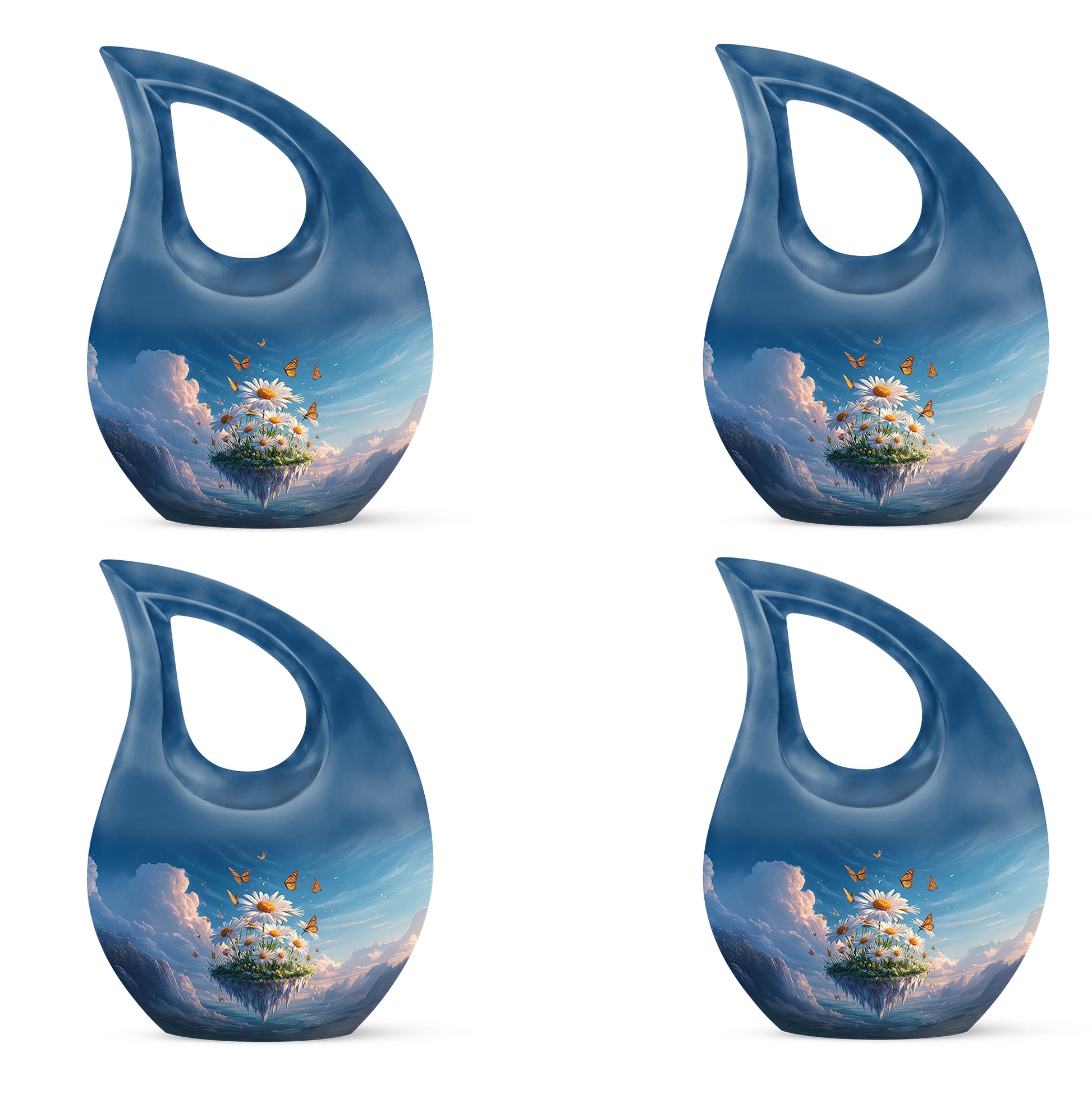 Navy Blue Daisy Cremation Urn lifestyle display on memorial shelf - cross and daisy combined in spiritual memorial design - 10 inch aluminum urn for cremated remains