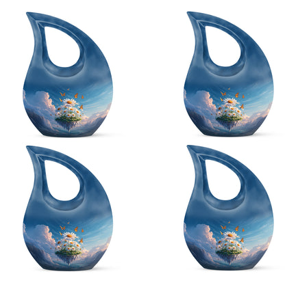 Navy Blue Daisy Cremation Urn lifestyle display on memorial shelf - cross and daisy combined in spiritual memorial design - 10 inch aluminum urn for cremated remains