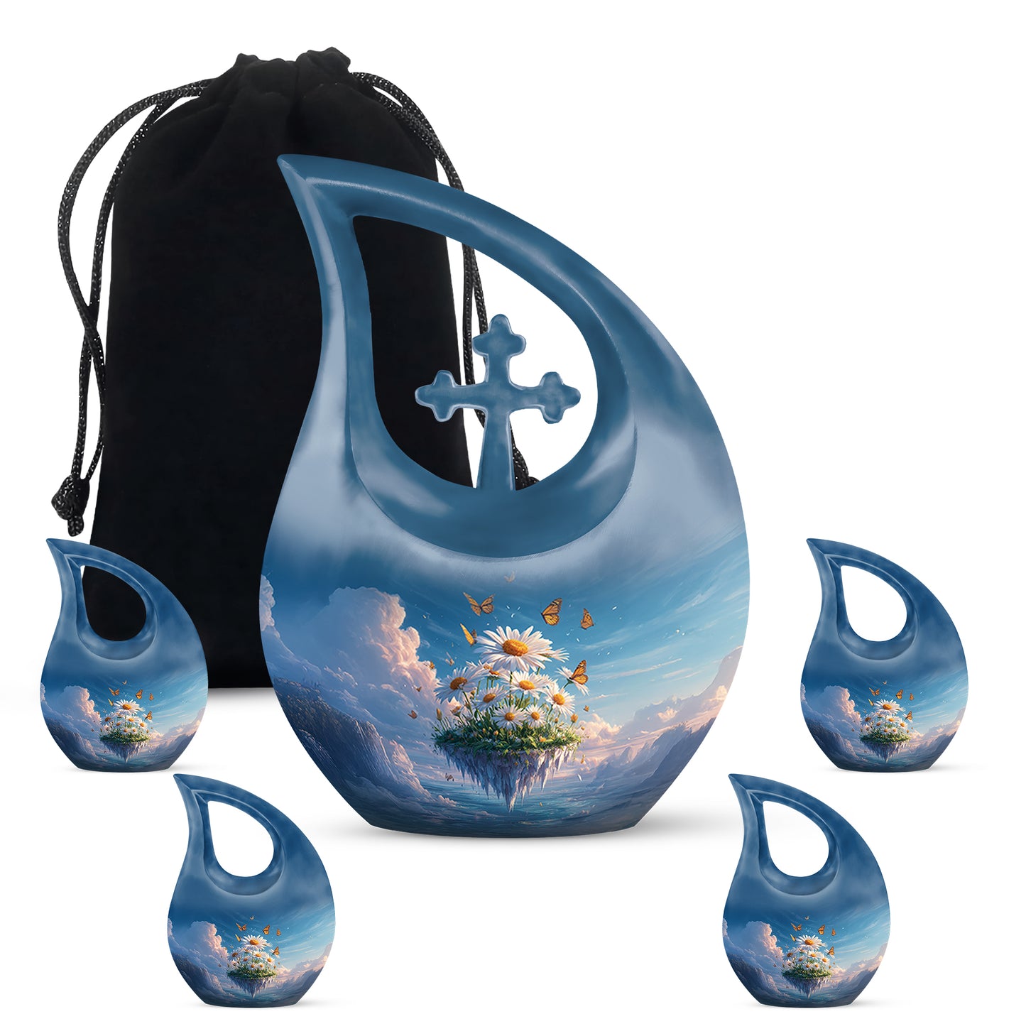 Navy Blue Daisy Cremation Urn urn with complimentary velvet bag - sacred cross merged with daisy motif on metal - memorial set with one large and four small urns