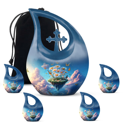 Soft Blue Daisy Cremation Urn urn with complimentary velvet bag - faith-inspired cross-drop urn with daisy pattern - memorial set with one large and four small urns