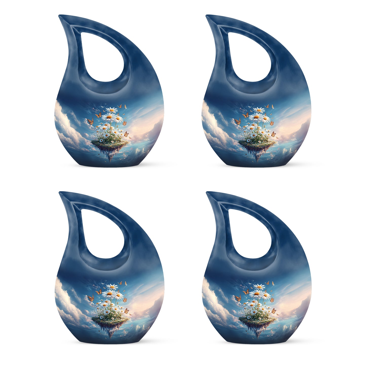 Celestial Blue Daisy Cremation Urn lifestyle display on memorial shelf - cross and daisy combined in spiritual memorial design - 10 inch aluminum urn for cremated remains