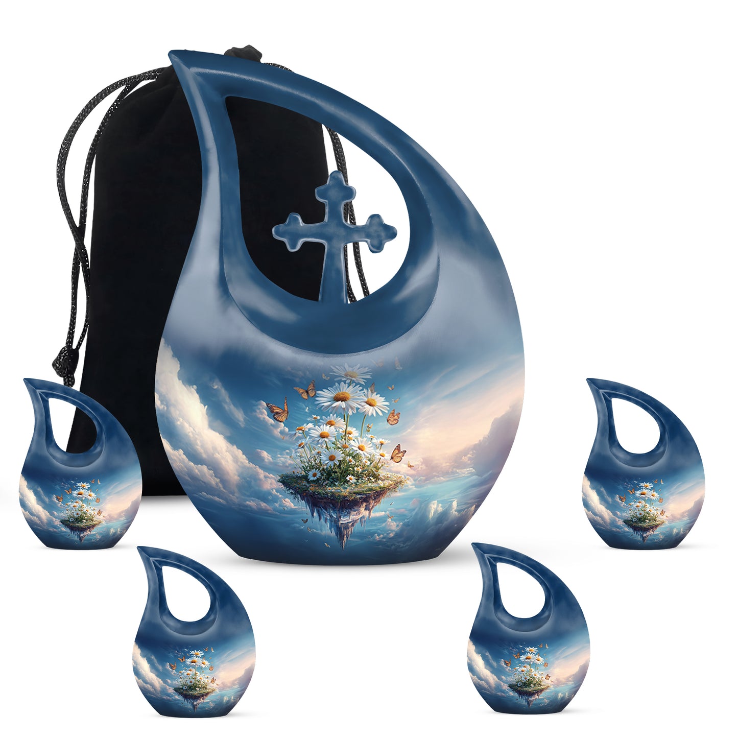 Misty Blue Daisy Cremation Urn urn with complimentary velvet bag - cross and daisy combined in spiritual memorial design - memorial set with one large and four small urns