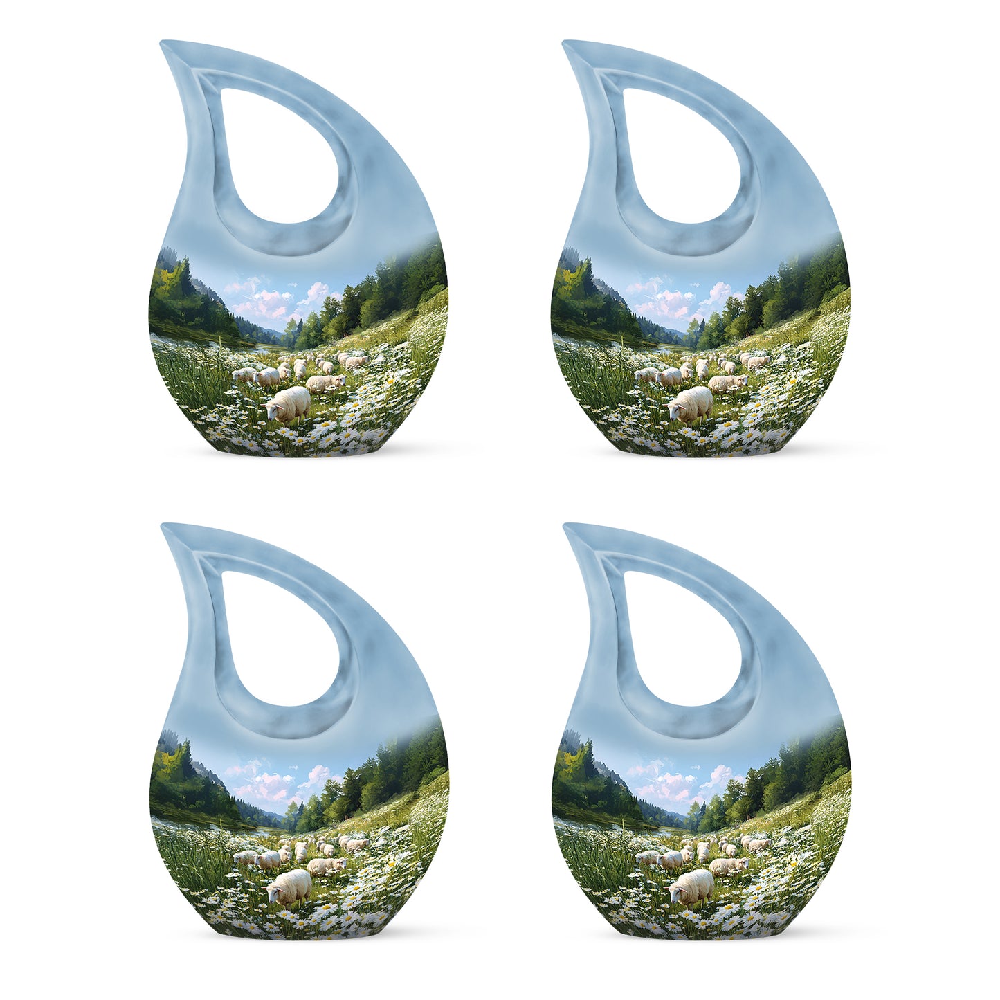Dusty Blue Daisy Cremation Urn lifestyle display on memorial shelf - cross and daisy combined in spiritual memorial design - 10 inch aluminum urn for cremated remains
