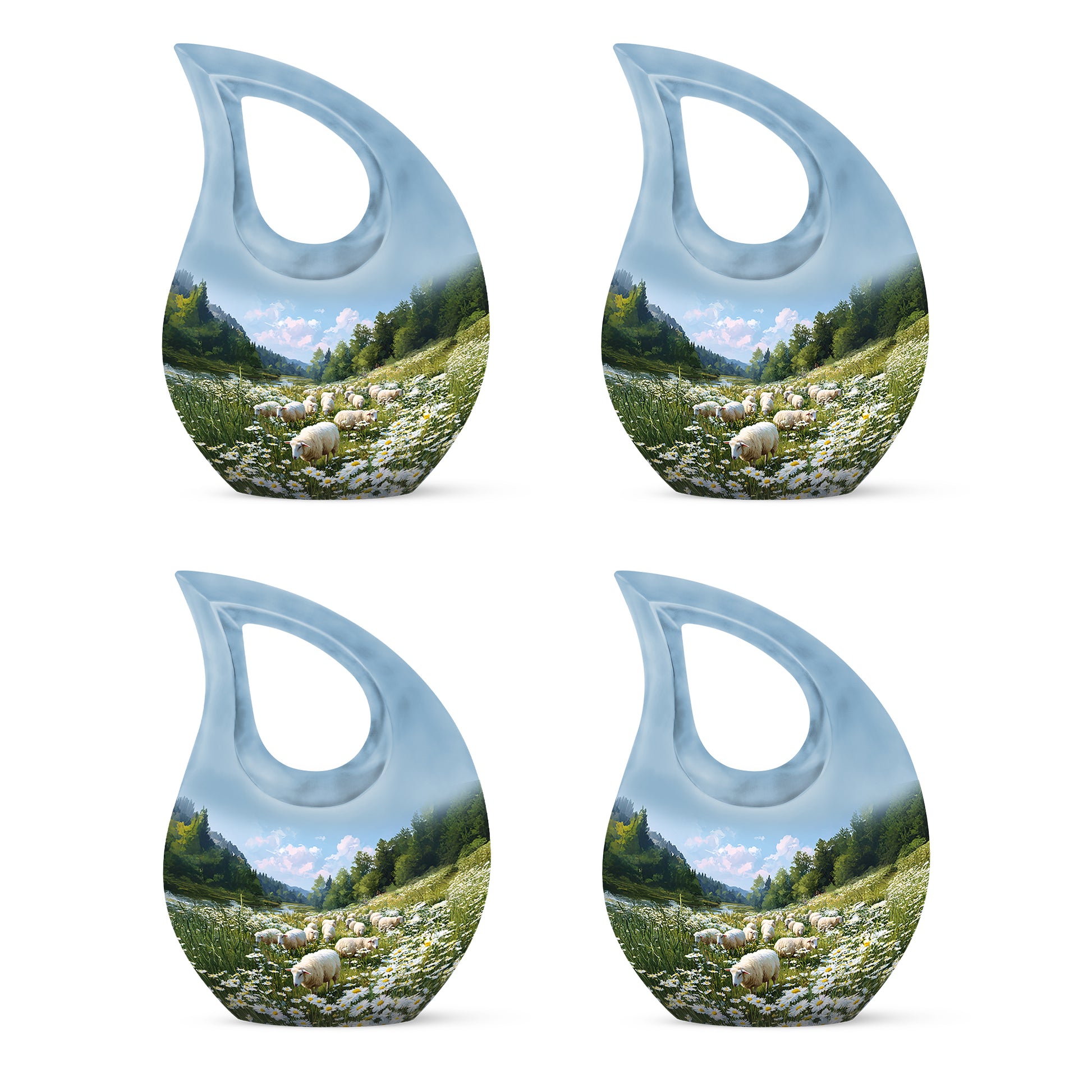 Dusty Blue Daisy Cremation Urn lifestyle display on memorial shelf - cross and daisy combined in spiritual memorial design - 10 inch aluminum urn for cremated remains