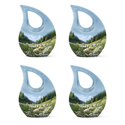 Dusty Blue Daisy Cremation Urn lifestyle display on memorial shelf - cross and daisy combined in spiritual memorial design - 10 inch aluminum urn for cremated remains