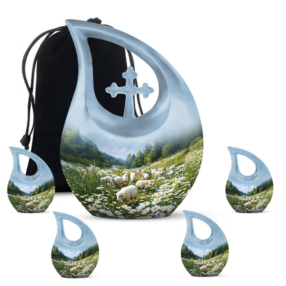 Dusty Blue Daisy Cremation Urn urn with complimentary velvet bag - sacred cross merged with daisy motif on metal - memorial set with one large and four small urns