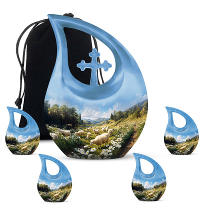 Calming Blue Daisy Cremation Urn urn with complimentary velvet bag - faith-inspired cross-drop urn with daisy pattern - memorial set with one large and four small urns