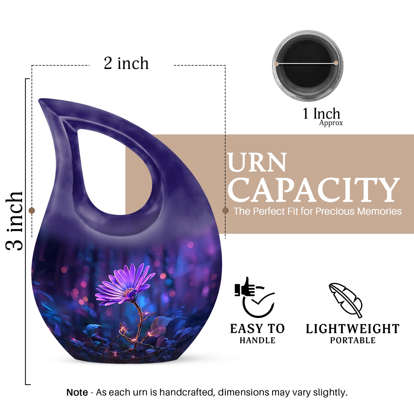 Steel Blue Daisy Cremation Urn back view with polished surface - faith-inspired cross-drop urn with daisy pattern - mini keepsake memorial for portion of cremation ashes