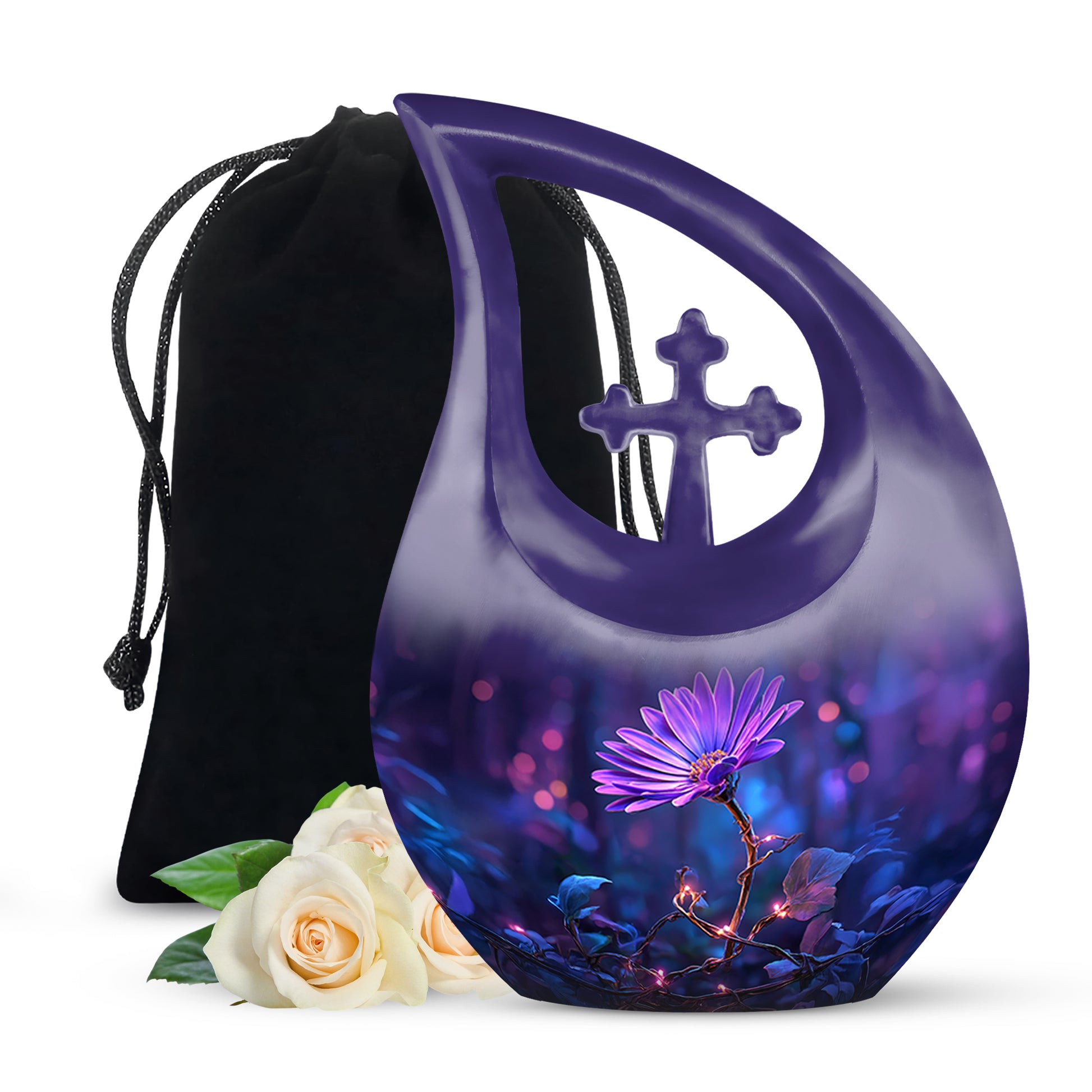 Sky Blue Daisy Cremation Urn top-down view of secure threaded lid - cross and daisy combined in spiritual memorial design - full-size 10 inch 200 cubic inch adult cremation urn